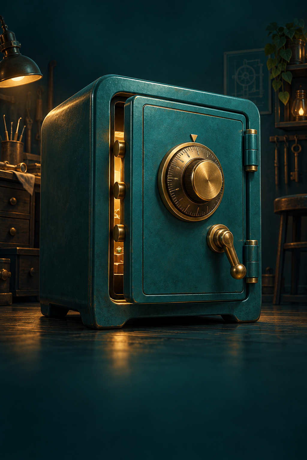 Illustrated teal safe with a brass combination dial